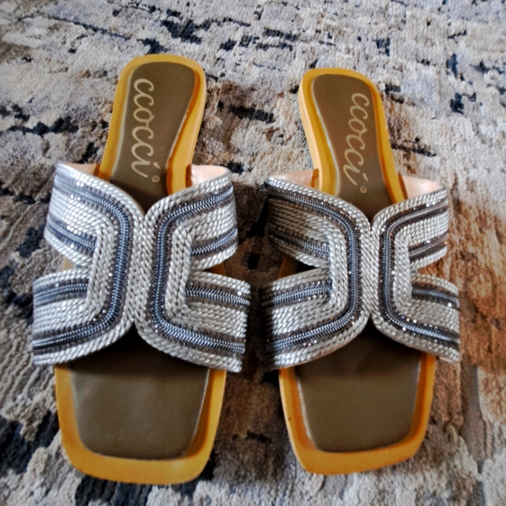 CCOCCI Silver and Brown Geometric Slide Sandals From The Buckle